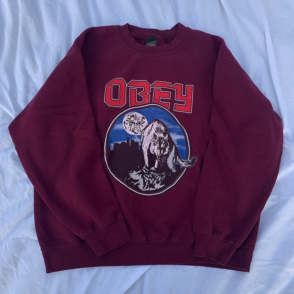 VINTAGE Obey Graphic Maroon Crewneck Sweatshirt